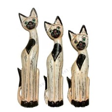 Wood Cat White Black Painted Set of 3