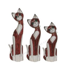 Wood Cat Rope Neck White Red Set of 3