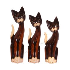 Wood Cat Antique Brown White Set of 3