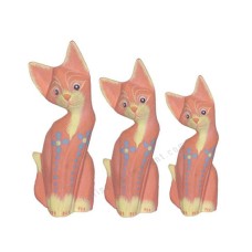 Wood Cat Orange Red Flower Set of 3