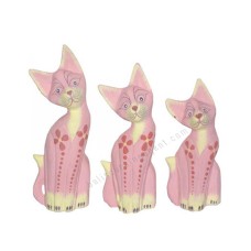 Wood Cat Pink Painted Red Flower Set of 3