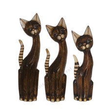 Wood Cat Striped Tail Brown Set of 3