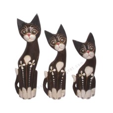 Wood Cat Brown White Flower Set of 3