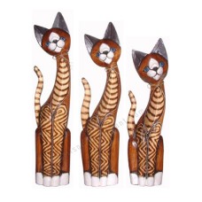 Wood Cat Brown White Striped Set of 3