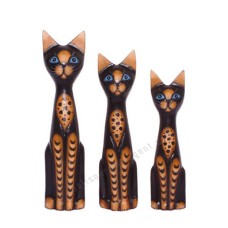 Wood Cat Brown Black Stripes Set of 3