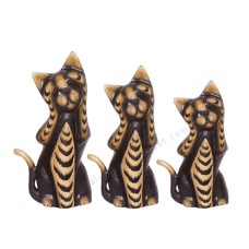 Wood Cat Black Brown Closed Eyes Set of 3