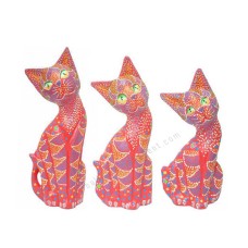 Wood Cat Red Orange Dots Painted Set of 3