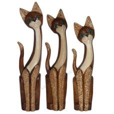 Wood Cat Brown White Carved Set of 3