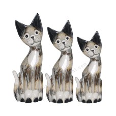 Wood Cat Black White Wash Painted Set of 3