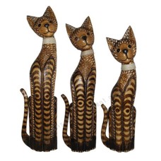 Wood Cat Carved Brown With Rattan Set of 3