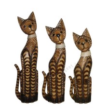 Wood Cat Brown Carved With Rattan Set of 3