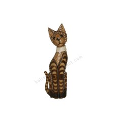 Wood Cat Brown Carved With Rattan 40 cm