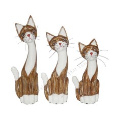 Wood Cat Mustache White Brown Wash Set of 3