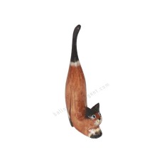 Wood Cat Squatting Brown Black 10 cm