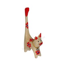 Wood Cat Ring Holder Red Flowers 10 cm