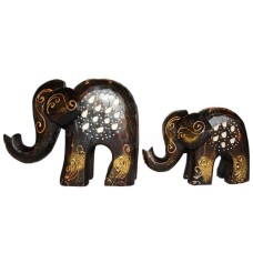 Carved Elephant Family Antique Brown Gold