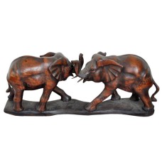 Antique Brown Wood Two Elephants On Base