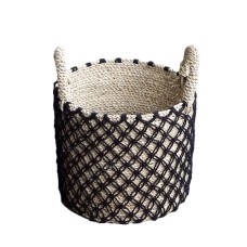 Straw Grass Cotton Basket Black 33 cm