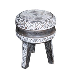 Wood Carved Stool Black White 40 cm