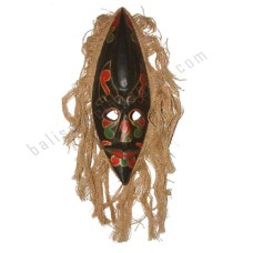 Wood Black Red Tribal Mask With Hair 30 cm