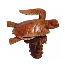 Brown Turtle Sculpture On Wood Base 25 cm