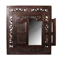 Wood Mirror Window Style Dark Brown 90 cm