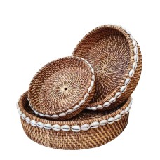 Brown Rattan Bowl With Shell Set Of 3